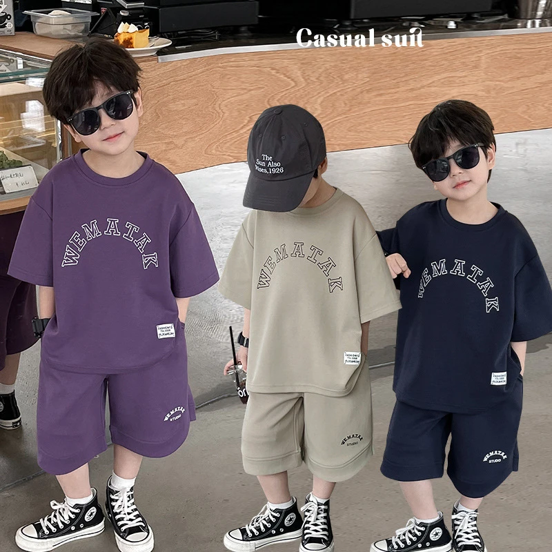 

Summer Teenage Boy Clothes Set Children O-neck Letter T-shirts and Shorts Suit Fashion Printed Top Bottom 2pcs Outfits Tracksuit