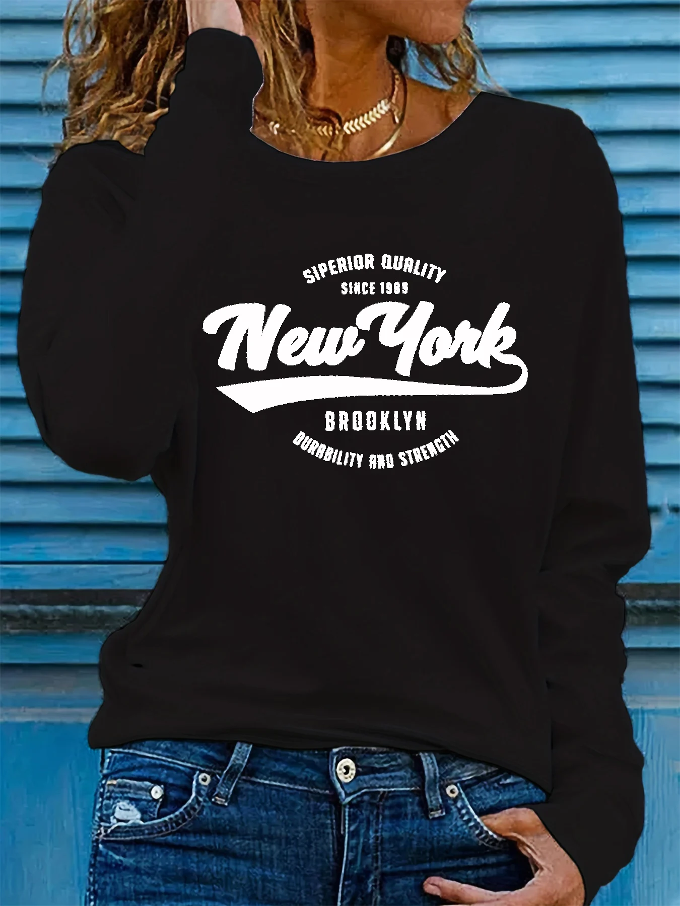 Camiseta 100% de algodón puro para mujer, camiseta holgada y cómoda con estampado de letras de NUEVA YORK, manga larga y cuello redondo, primavera y otoño