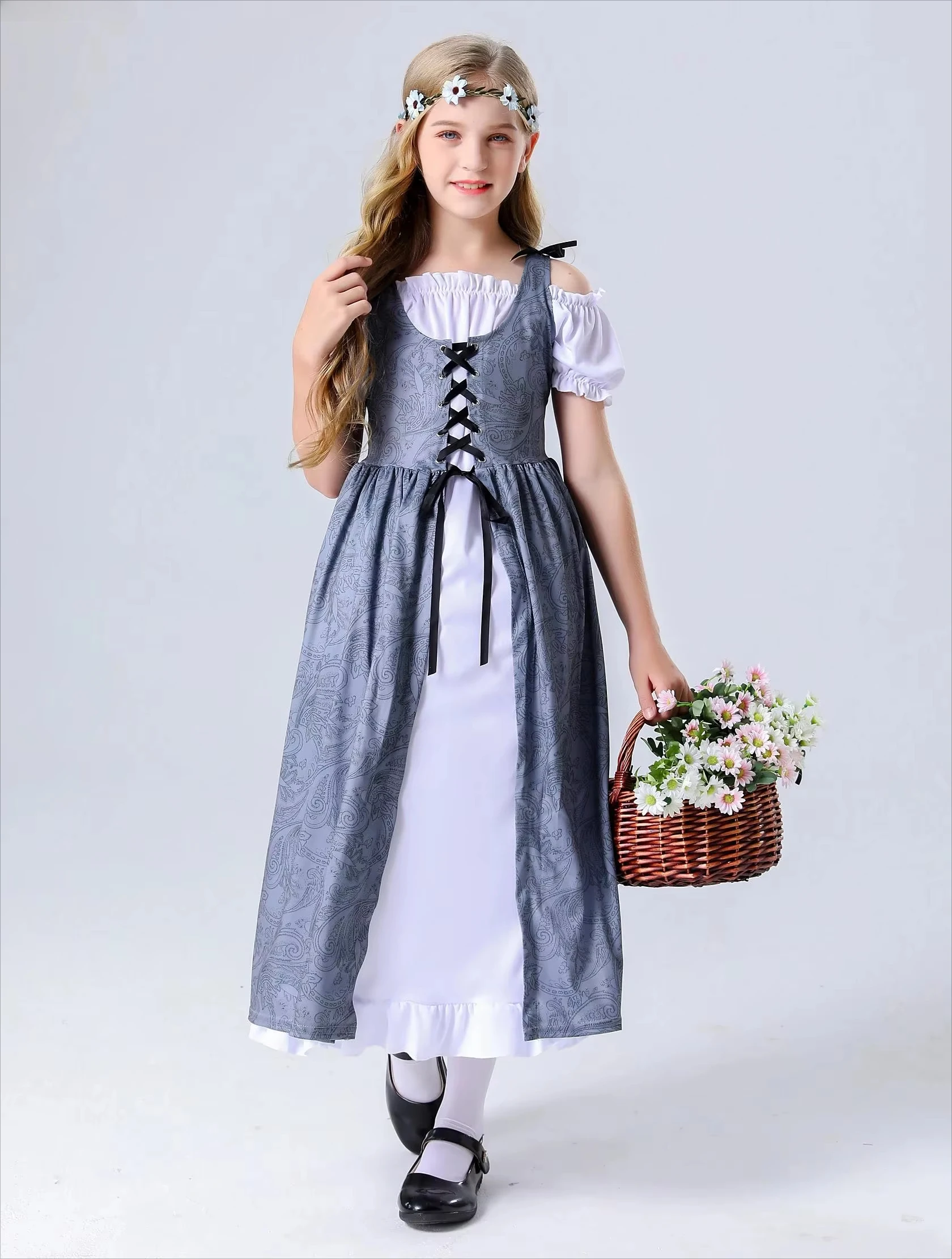 

Medieval Renaissance Girls Cosplay Costume Victorian Short Sleeve Lace-Up Robe Gown Dress for Halloween Masquerade Dress