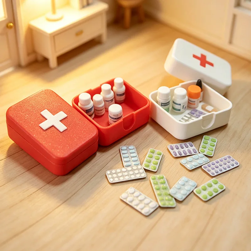 Mini Fake Medicine Cabinet Set Bandages Pills Medical Supplies Miniature Healthcare Scene Food Scene Props Desktop Decoration