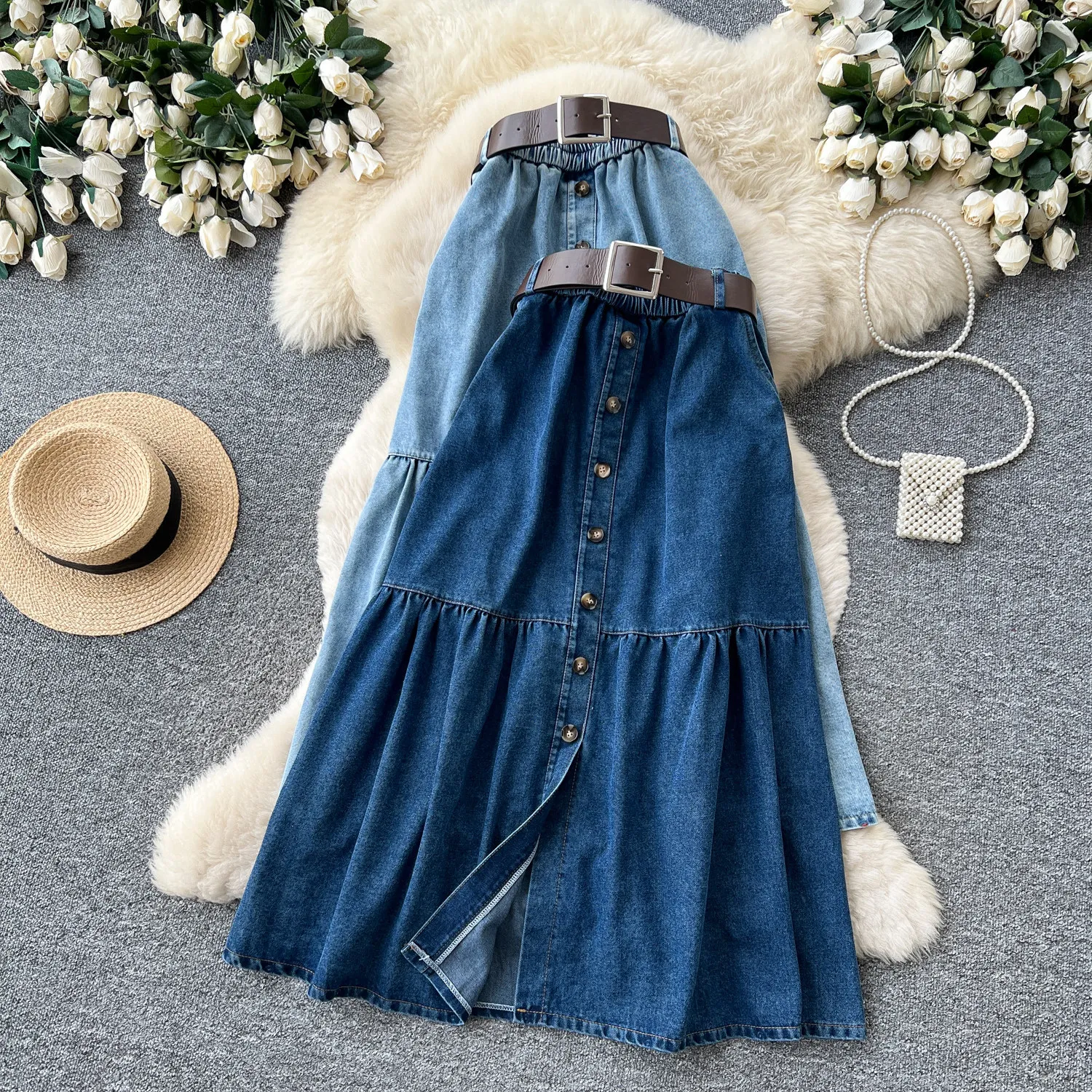 Denim Skirts Women Mid Length Skirt A Line Elastic Waist Slim Fit Button Elegant Splice Y2k Streetwear Work Casual Summer 2026