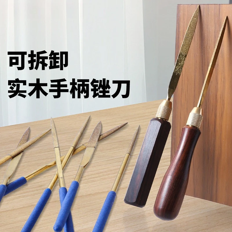 Diamond File with Solid Wood Handle, Titanium Plated, Alloy, Detachable, Small Rasp for Polishing Metal and Jade