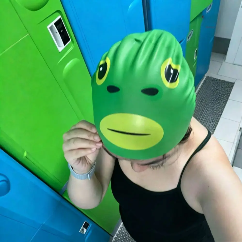 Green-Head Badekappen, hoch dehnbare, wasserdichte Silikon-Badekappen, bequeme, superelastische Fisch-Schwimmkappe für Damen und Mädchen – Detail 2
