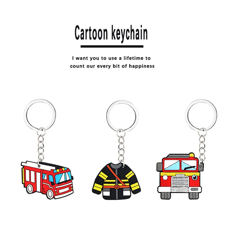 

6pcs Fire Truck Silicone Keychains Truck Lifejacket Helmet Flame Key Rings Kid's Gift Fillers For Firefighter Birthday Party