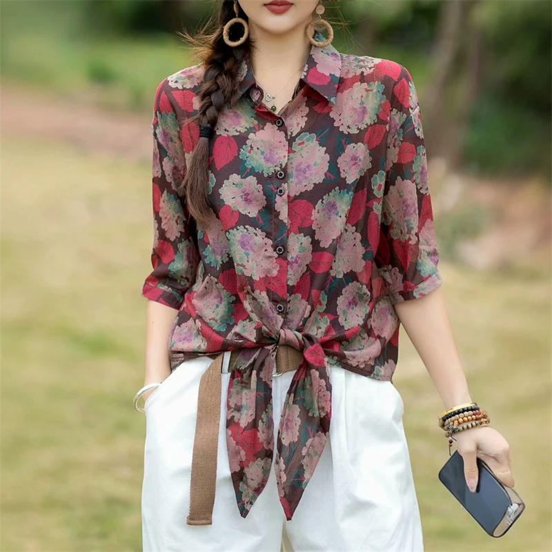 

Floral Print Short Sleeve Shirt 2025 Summer New Slim Cardigan Top Casual Single-breasted Shirts For Women