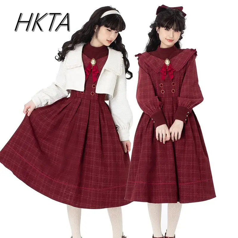 

Chinese Style Retro Elegant Waist Fontaine Red Plaid Dress Women Lolita Sweet Shirt Long Sleeve Ruffle Edge Long Dresses Girls