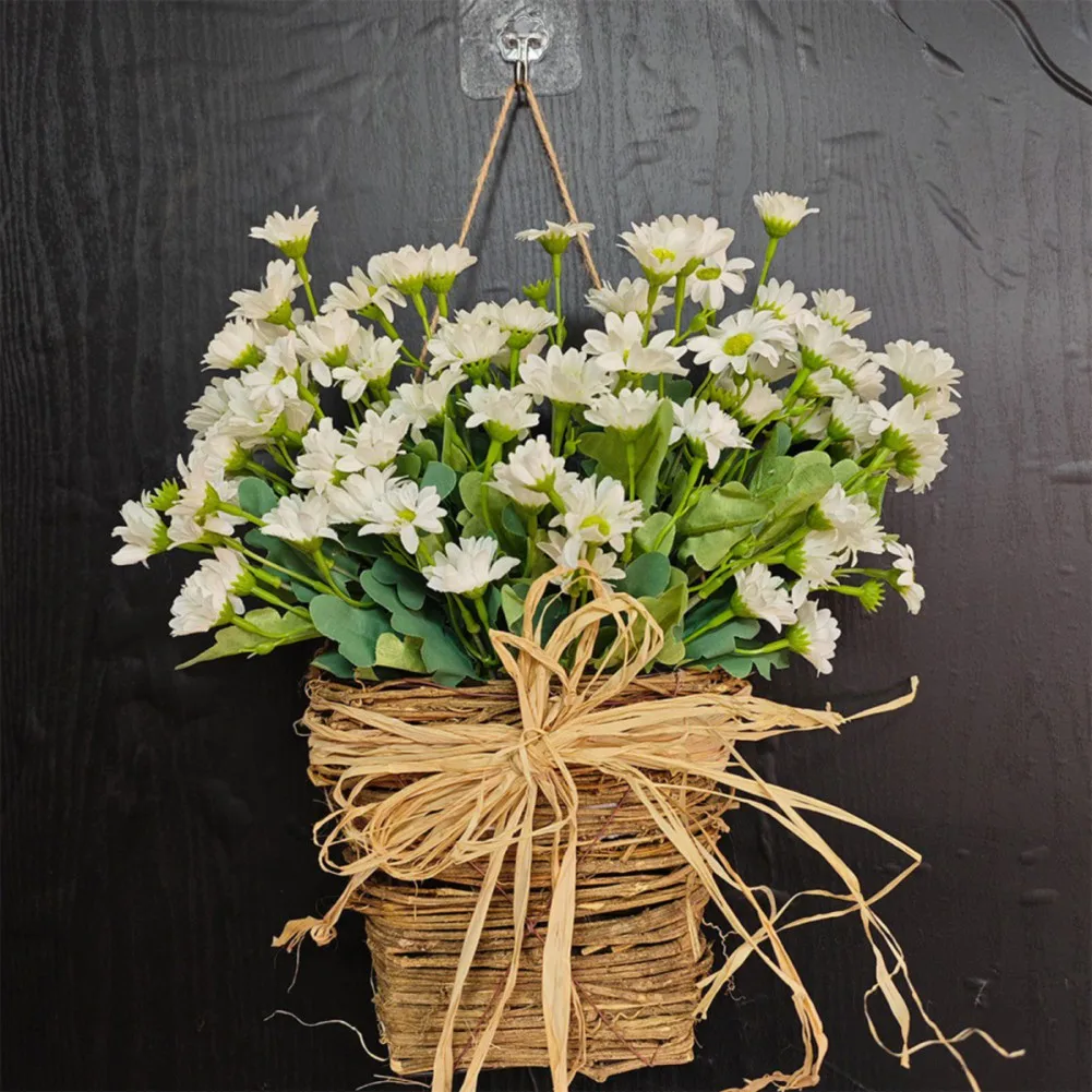 35cm Rustic Wildflower Basket Wreath Daisy Wreath Door Hanging Flower Basket Silk Spring Wreath Outdoor Yards Wall Decoration