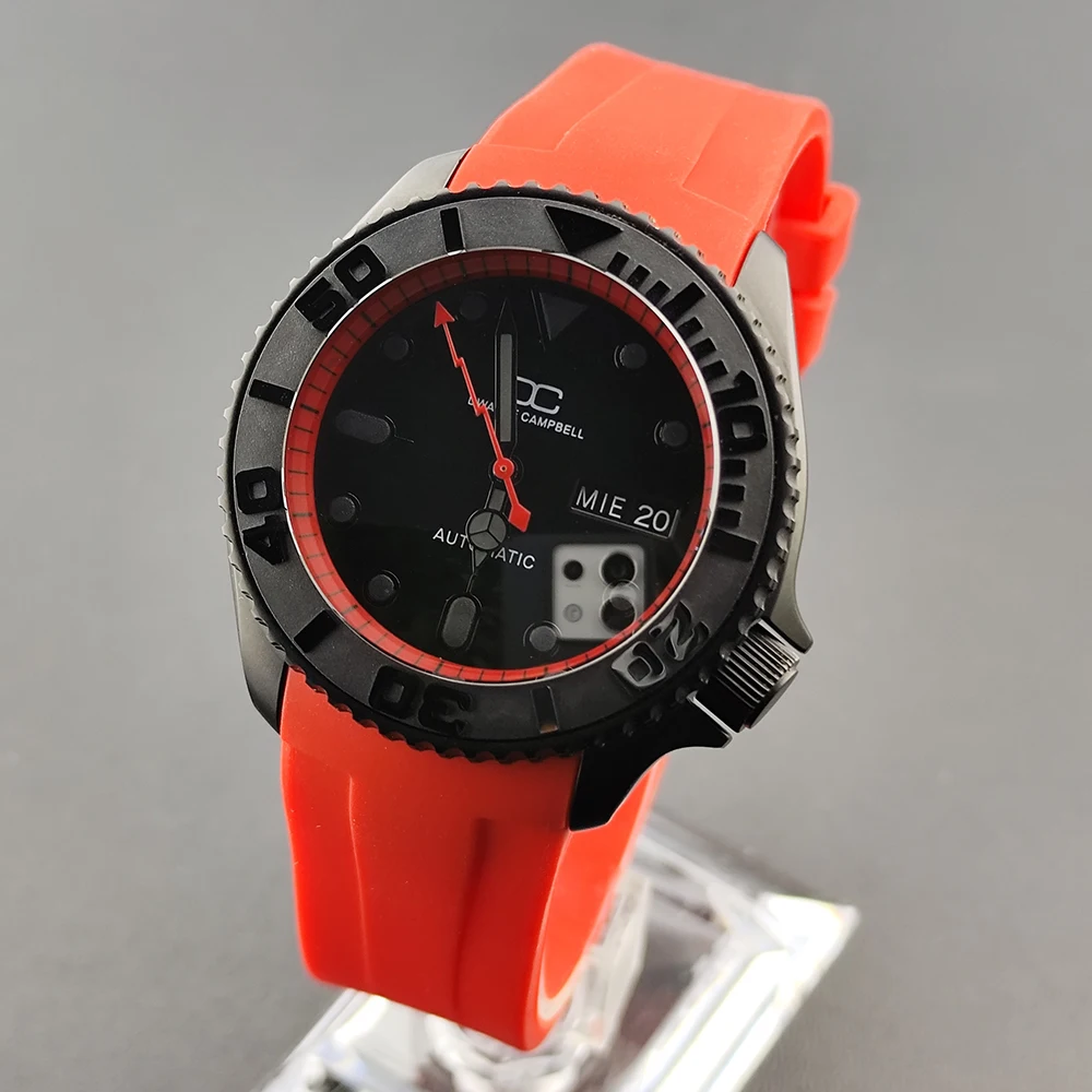 NH Series 36 Movement 42mm Men's Black Watch Sapphire Glass Case Red Automatic Men's Watch 22mm Strap fits for N Series H36 Move