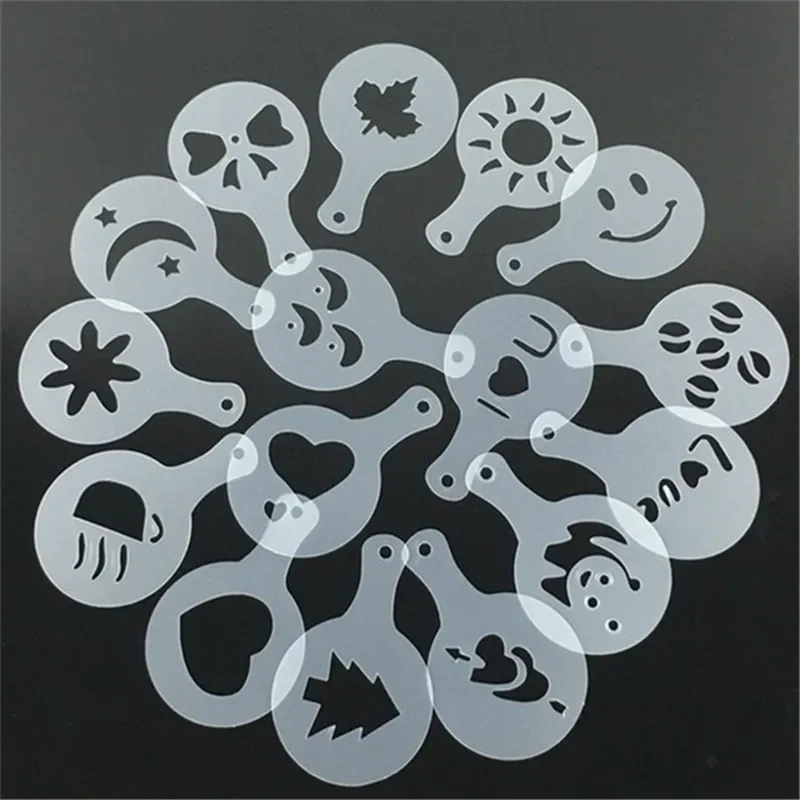 16 PCS/ Set Mixed Styles Cappuccino Latte Coffee Stencils Duster Cake Mold Spray, Coffee DIY Art Stencils