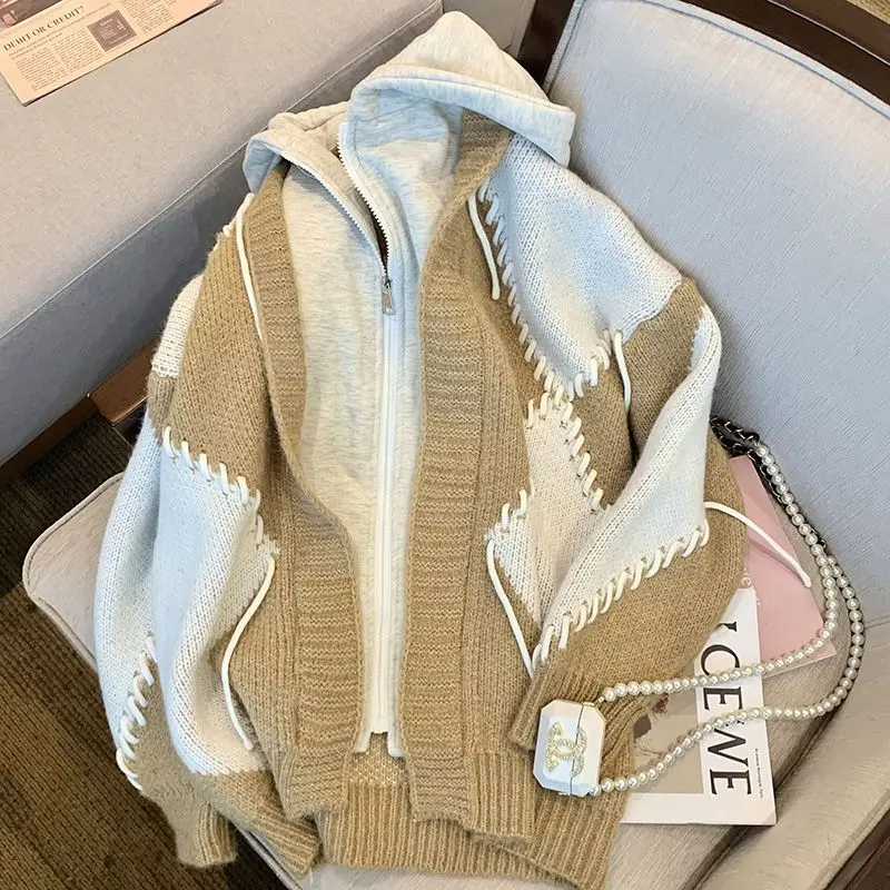 Niche design sweater cardigan stitched hooded sweatshirt jacket for women 2022 spring new style lazy style Korean style trend