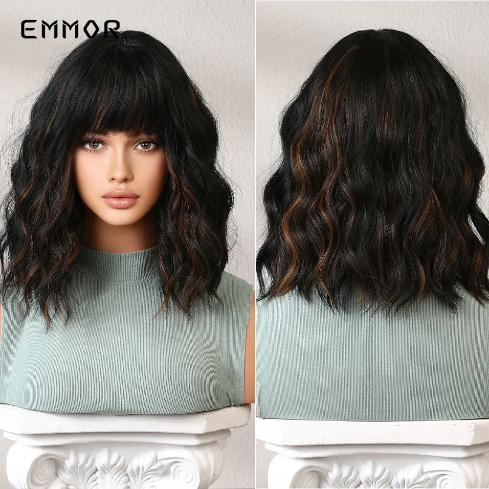 

Emmor Balayage Blonde Brown Short Bob Natural Synthetic Hair Wig with Bangs for Women Daily Cosplay Heat Resistant Fiber Wigs