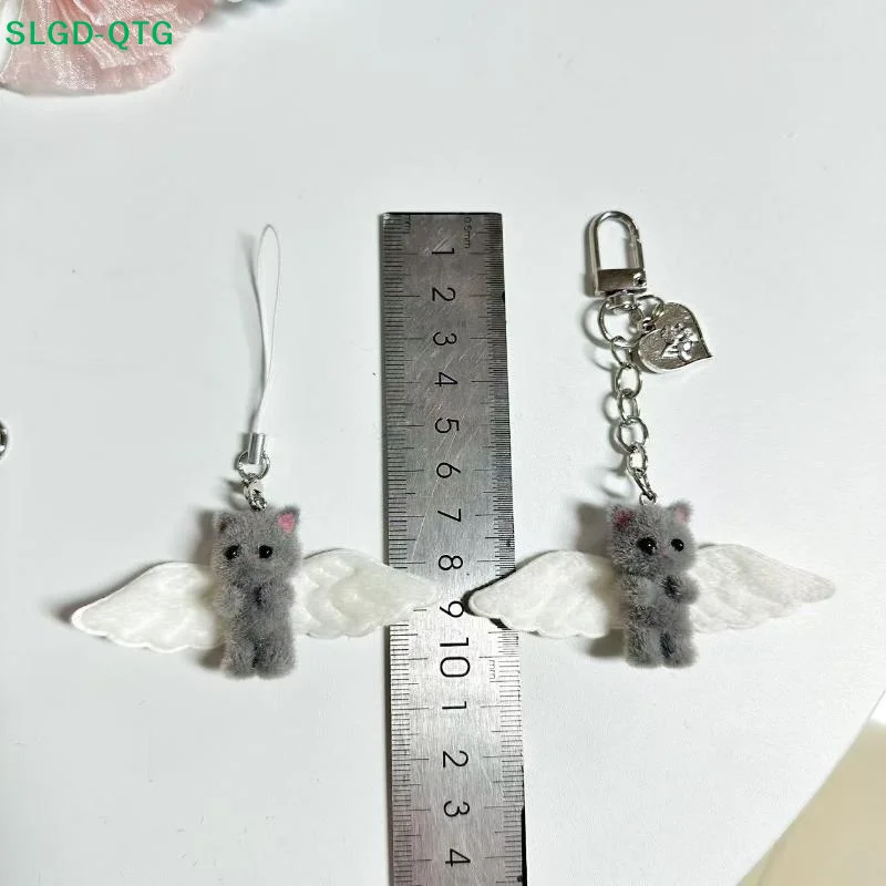 New Cute Angel Wings Fuzzy Kitty Cat Heart Keychain Flocked Kitten Kawaii Phone Chain Anti-Lost Lanyard Pendant Bag Decor Gift
