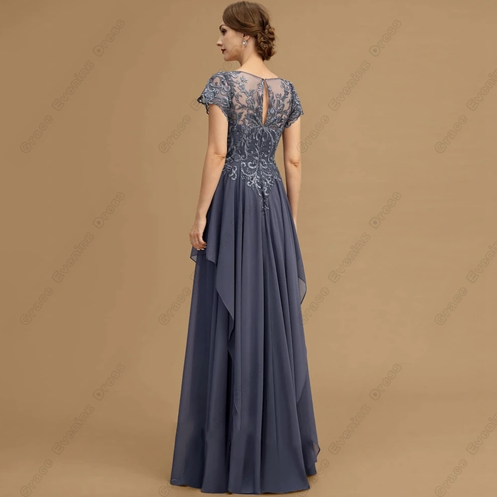 Customized Scoop Evening Dresses for Women Chiffon Prom Gowns with Lace Short Sleeve 2025 Summer Beach Vestido De Noche Applique