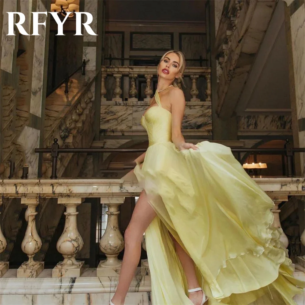 RFYR Yellow Evening Gown Elegant One Shoulder Prom Dress Pleats Stain Wedding Evening Dress with Split Custom robes de soirée