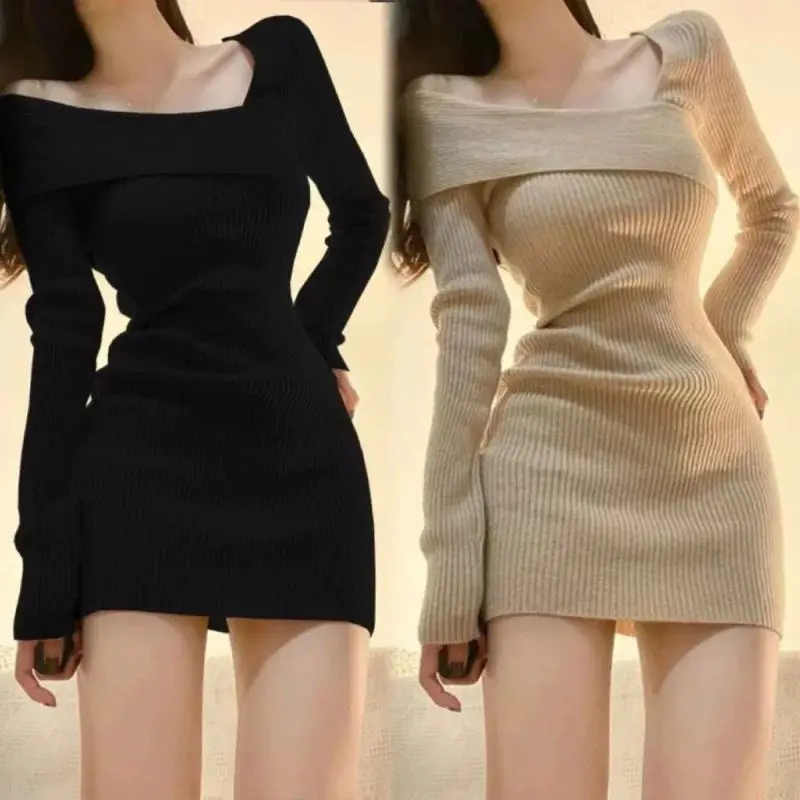 

Off Shoulder Knitted Dress Women Long Sleeve Slim Bottom Wrapped Short Dress