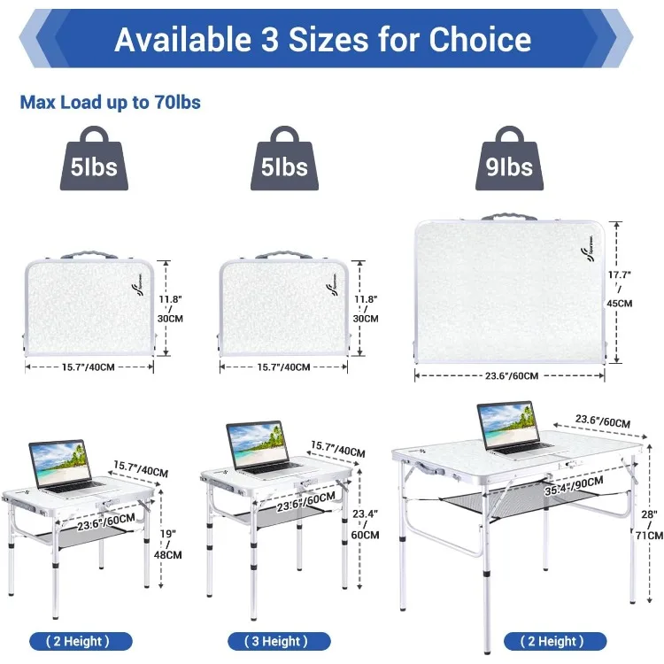 Camping Table, Adjustable Height Foldable Table with Mesh Layer Lightweight Portable Small Folding Camp Tables