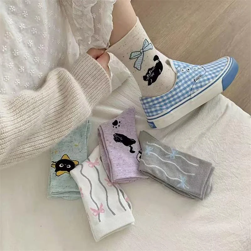 Chaussettes tube moyen en coton pour femmes, imprimé chat mignon, respirant, évac80-la transpiration, cadeaux girly, mode quatre saisons, 1 paire