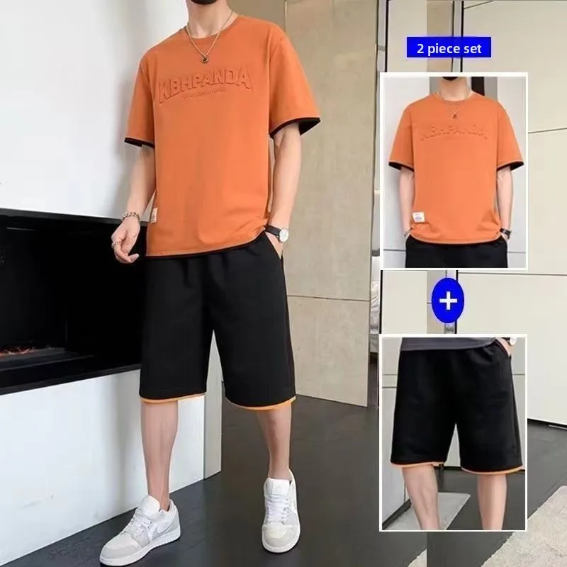 

Men's Casual Sportswear Set Summer Ice Silk Thin Loose Faionable Versatile High-End Feeling Two-Piece Suit Polyester Fabric