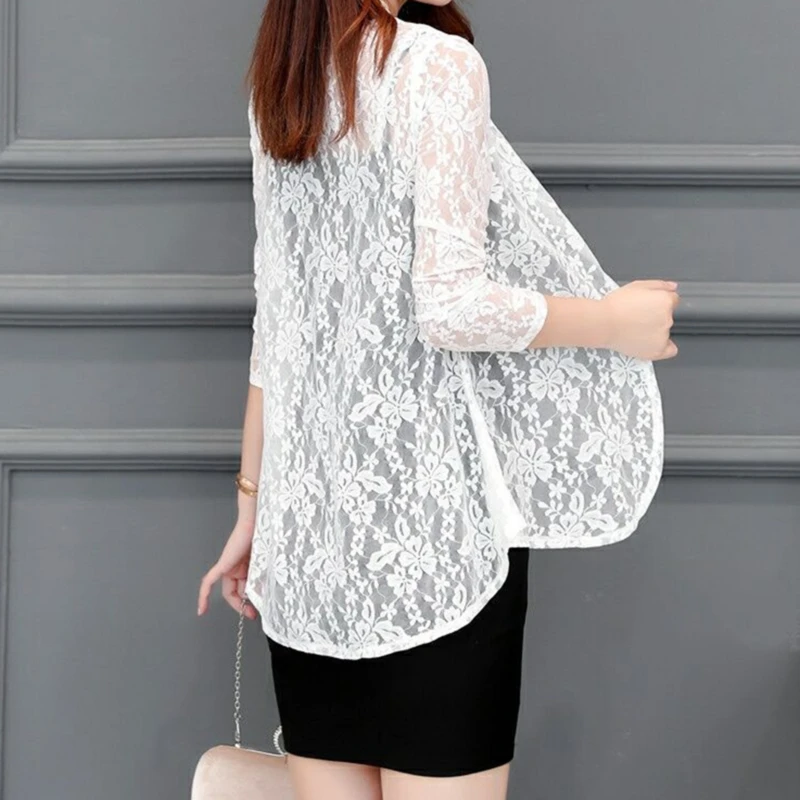 Women Summer Hollow Cardigan Shirt Sunproof Blouse Boho Tops Beach Lace Chiffon Sunscreen Outwear Long Sleeve Casual Shirt Coat