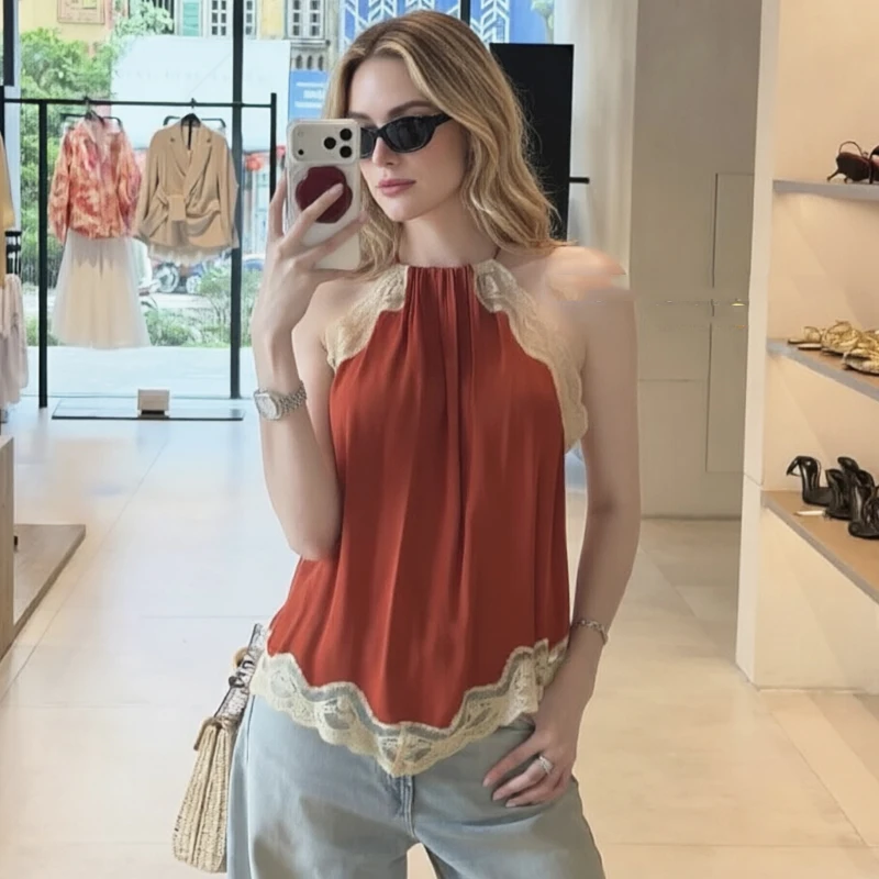 Damen Neckholder-Top mit Spitze, sexy schulterfreies Tanktop, Sommer, ärmelloses, figurbetontes Camisole, elegantes Damen-Unterhemd, Strandparty-Top