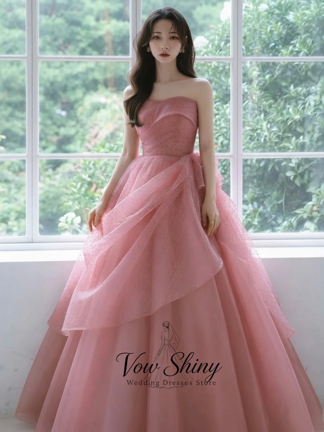 Vow Shiny Customized 2027 Pink Wedding Dress Strapless Ball Gown Elegant Bridal Party Prom Dress Luxury Evening Gown