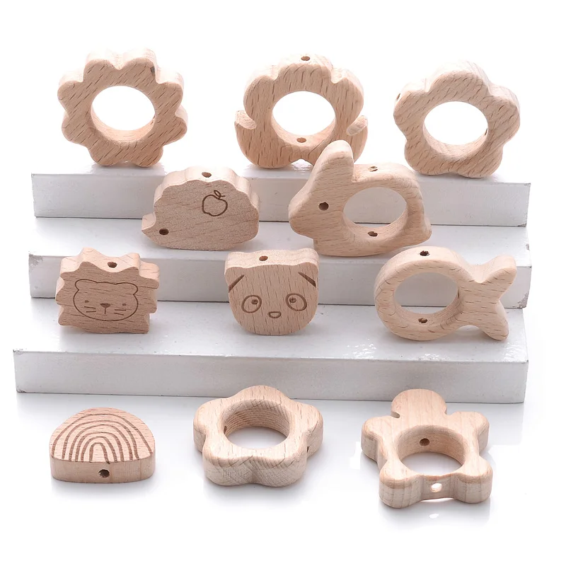 10Pcs Beach Wood Baby Beads Animal Shape Wooden Newborn Teething Ring Unfinished Baby Grasping Bracelet Toys BPA Free