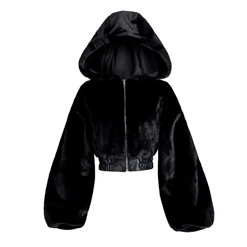 New Street Style Short High Waisted Textured Fur Hooded Jacket for Women