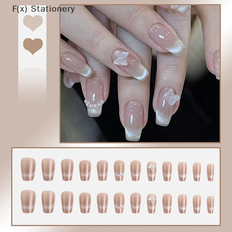 24Pcs Cat's Eye French Fake Nails W Glue Medium Length Faux Fingernails Press On Nails Wearable Manicure Square Head False Nail