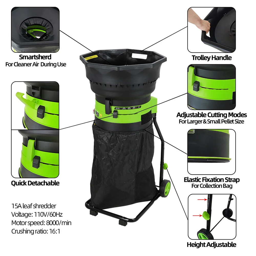 Vertak 1800W High Efficiency Electric Leaf Shredder with Wheels & Large Bag Garden Mulcher for Home Composting