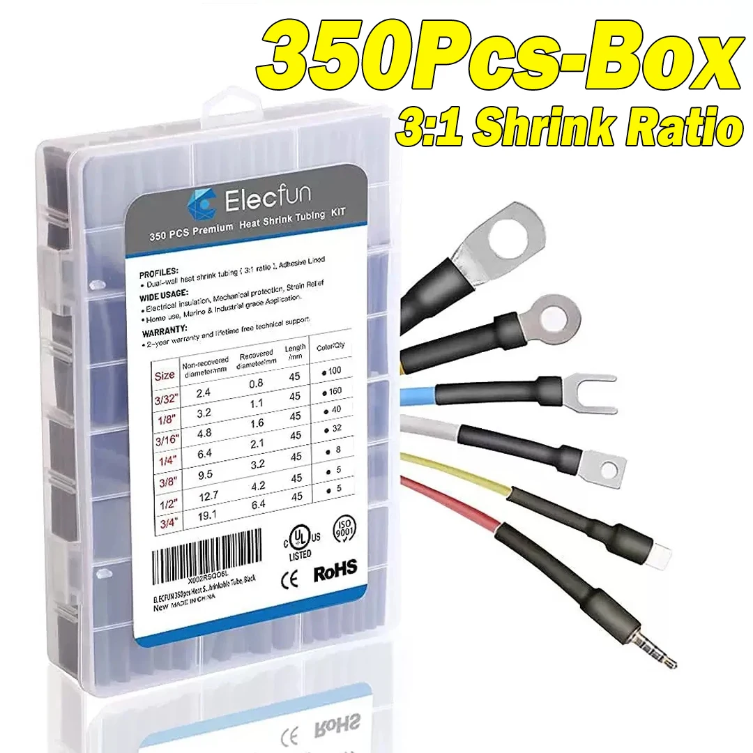 Heat Shrink Tube Kit, 3:1 Shrinkable, Wire Wrapping Waterproof Electric Cable Protector, Thermoresistant Tubing Insulation Sleev