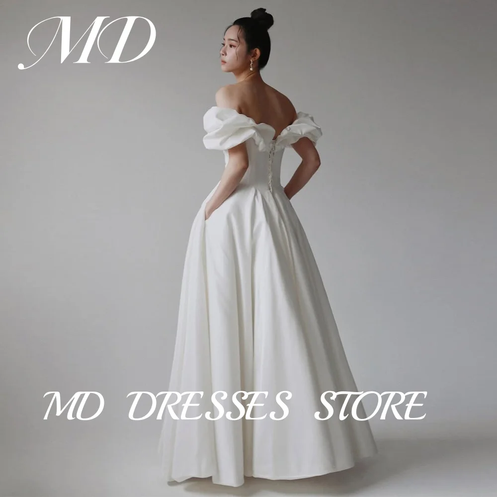 

MD Off Shoulder A-line Wedding Dress Short Sleeve Korea Photoshoot Pleat Floor-Length Bridal Gown Corset Customized 웨딩드레스 2025
