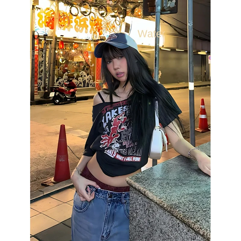 Европейский и американский стиль2025Популярная летняя женская одежда Новая уличная мода Горячая девушка с открытыми плечами и принтом A