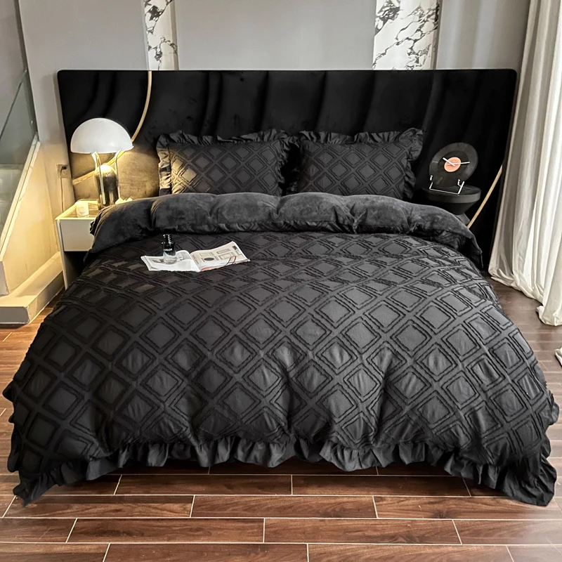 Winter Soft Warm Velvet Black Bedding Set High Quality Fleece Bedding Gift Set Fluffy Faux Fur Shaggy Duvet Covers with Ruffles