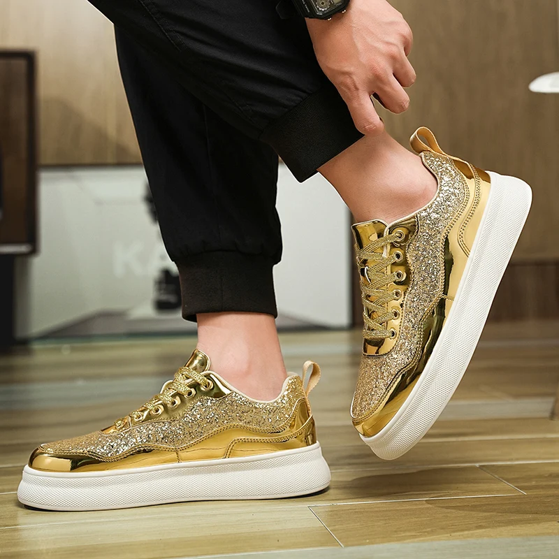 Zapatos de diseñador de lujo dorados y plateados brillantes para hombre, zapatillas informales para monopatín, plataforma con purpurina, calzado deportivo elegante para mujer