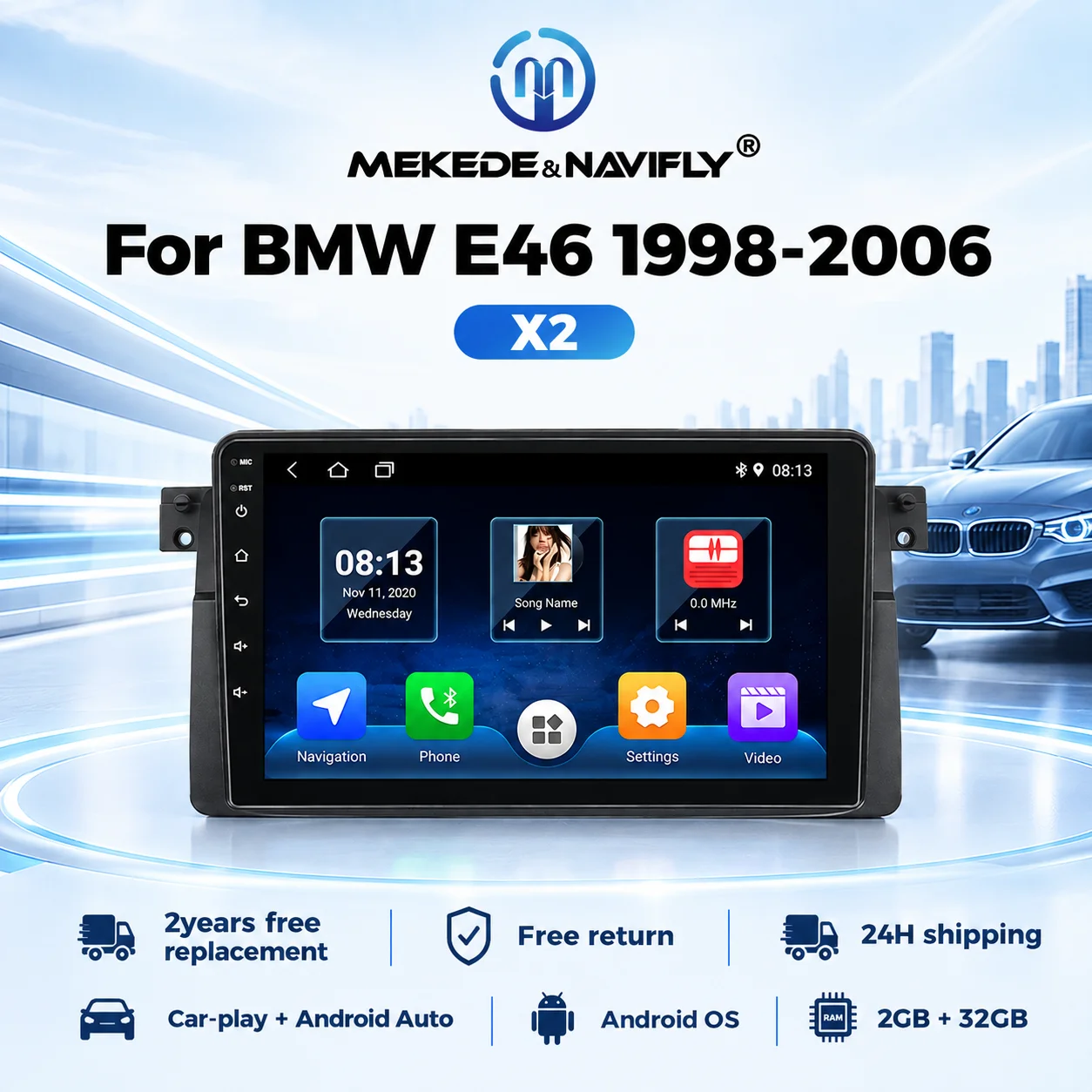 2 Din Stereo Receiver Car Radio For BMW E46 M3 X5 1998-2006 Wireless CarPlay Android Auto Multimedia Player GPS FM Autoradio BT