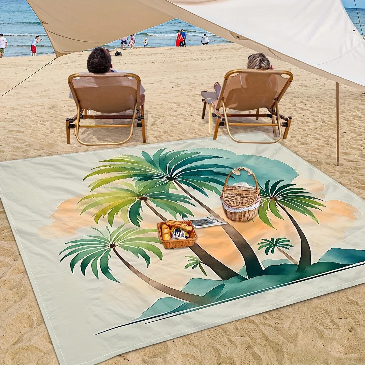 1PC outdoor beach blanket, green coconut tree print, portable printed beach mat, easy to clean, 100% polyester fabric