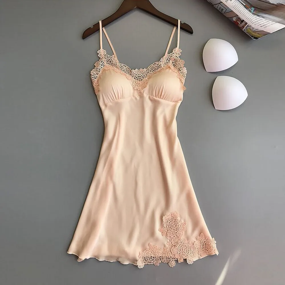 Sexy Nightdress Women V Neck Spaghetti Strap Satin Embroidery Nightgown Bathrobe Female Comfortable Homewear With Chest Cushion