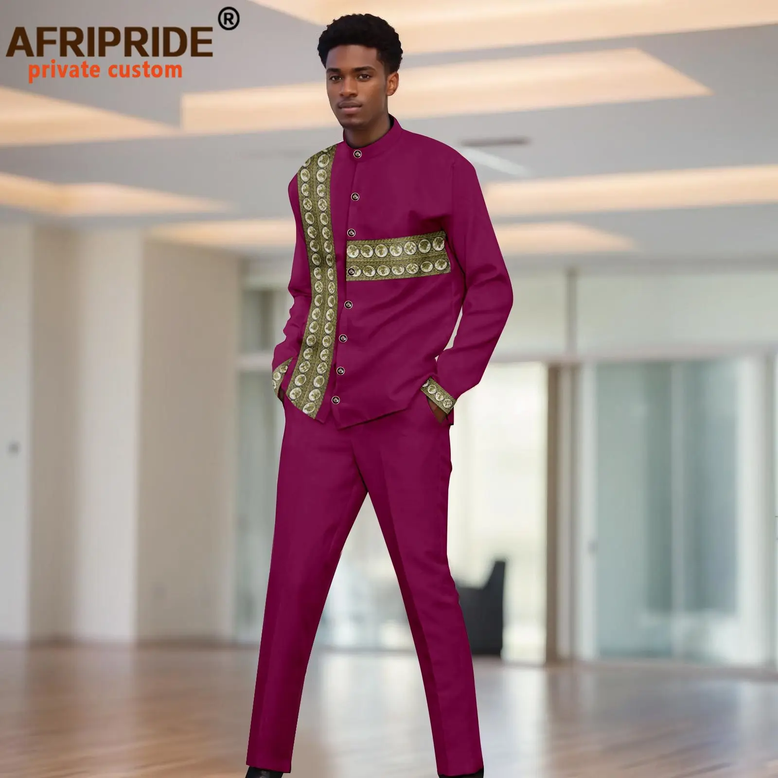 Men`s Business Suits Slim Fit Single Breasted Embroidery Lined Blazer and Pants Set Dashiki Outfits African Clothes 2516046