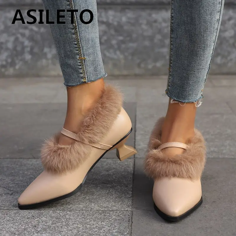 

ASILETO Winter Warm Pumps for Women Pointed Toe Strange Heels Buckle Straps Plus Size 46 47 48 Mature Daily Female Plush Shoes