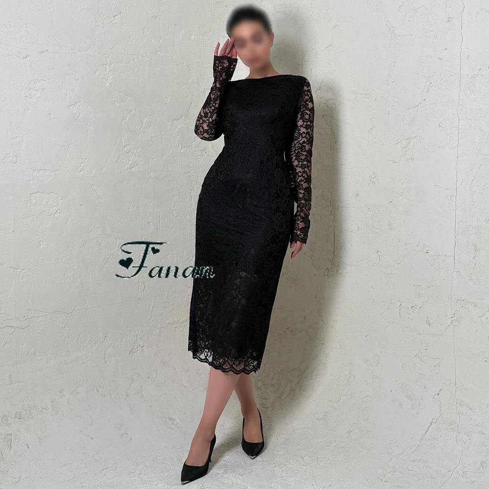 Customized Champagne Simple Lace Evening Dress O-neck With Full Sleeves Slit Party Dress Mermaid Tea-Length Prom Gown