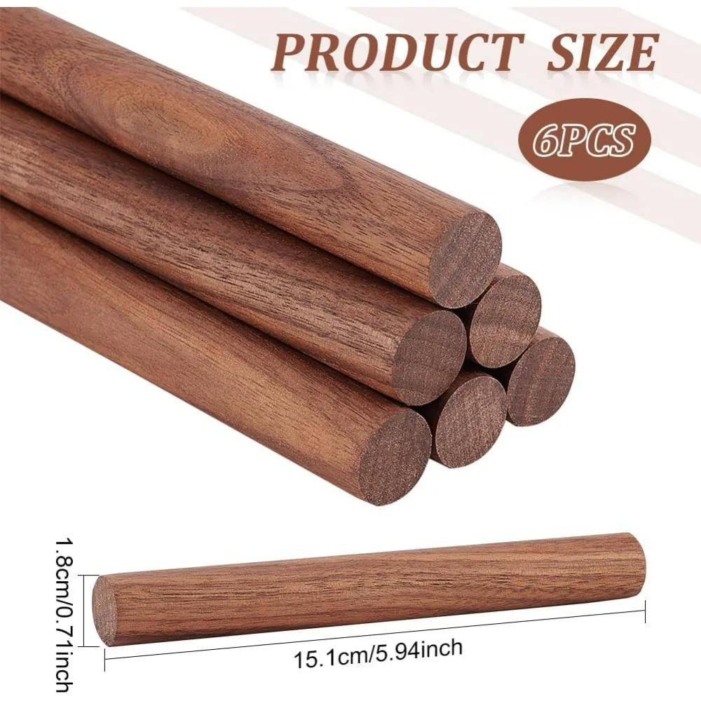 6PCS 5.9x0.7inch Walnut Dowel Rod Sticks Unfinished Round Wooden Crafts Sticks for Crafts or DIY Braiding Tapestry Making Kit