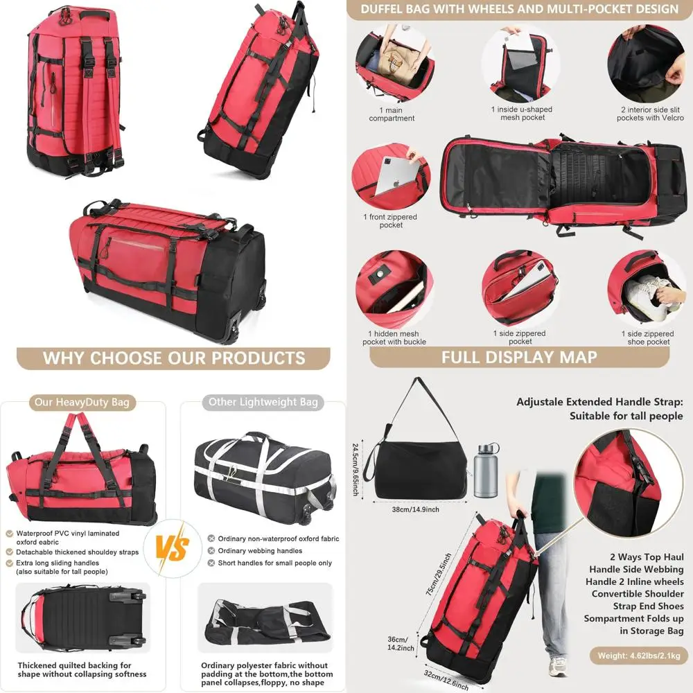 أمتعة بعجلات قابلة للطي سعة 86 لتر مع أشرطة حقيبة ظهر، حقيبة واق من المطر مقاومة للماء، قاعدة مبطنة، بدون تلفزيون، أساسية للسفر