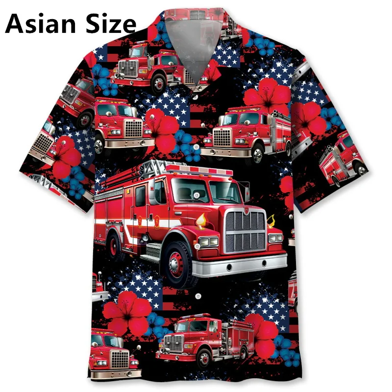 Full Print Fire Truck Graphic Hawaiian Shirt For Men Summer Short Sleeve Button Vacation Shirt New In Men's Party Beach Shirts