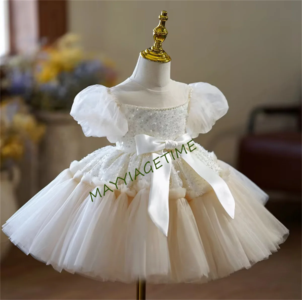 

Custom madeLuxury Champagne Flower Girl Dress Ball Gown Tutu Kid Birthday Communion Party Pageant Dresses 2024 with Bow