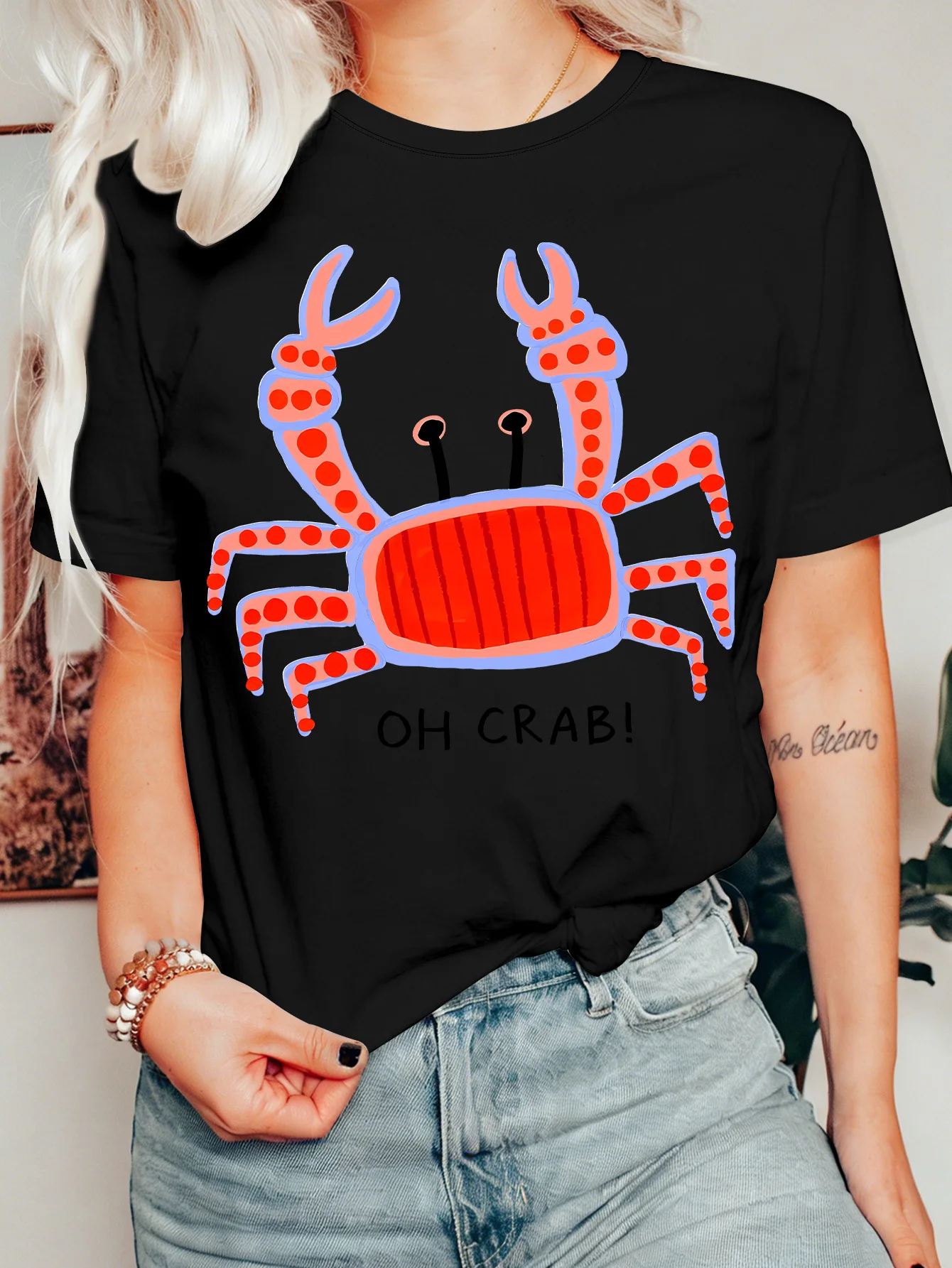 Funny Oh Crab Womens T Shirt Colorful Doodle Ocean Crustacean Sea Animal Graphic Tee Short Sleeve Casual Daily Ladies Tops