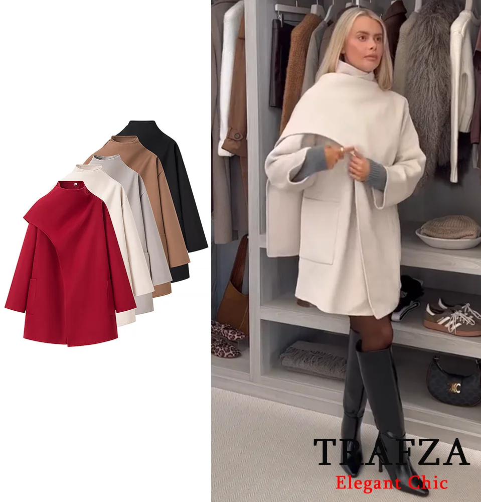 TRAFZA Scarf Collar Blended Coat Women's Pockets Minimalist Romantic Long Coat New 2025 Spring Fall Fashion Simple Elegant Coat