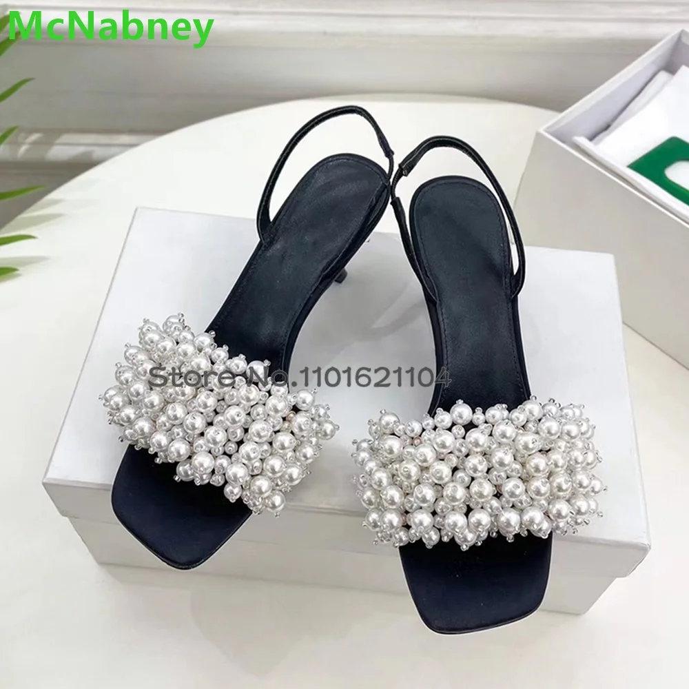 Black Square Toe Pearl Luxury Sandals For Female Women 2024 New Thin High Heel Back Strap Fashion Elegant Sexy Summer Shoes