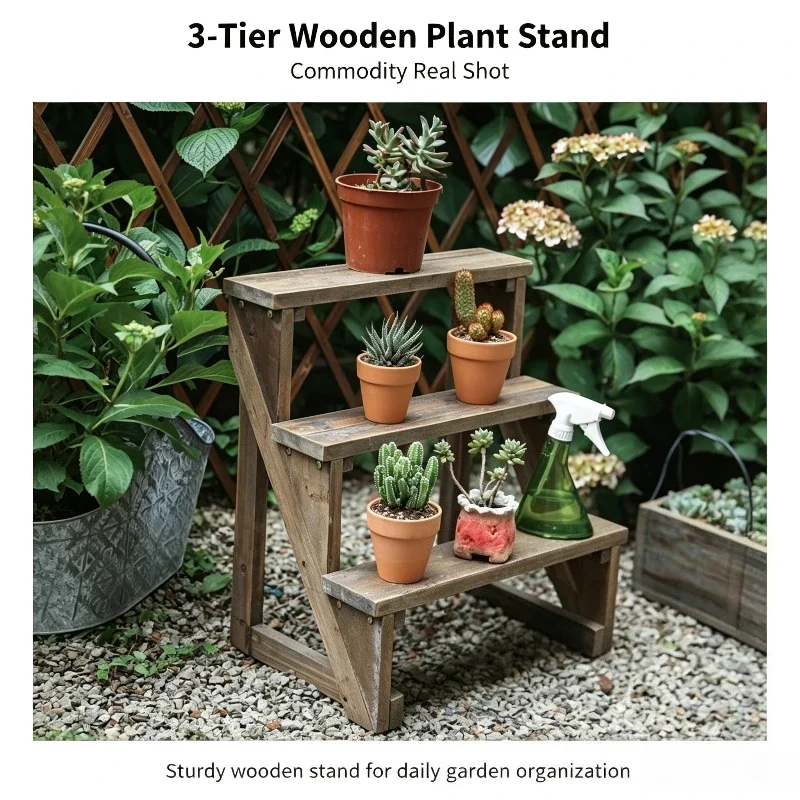3 Tier Ladder Plant Stand Rustic Solid Wood Step Shelf Distressed Finish  Leaning Flower Rack for Balcony Patio Corner Display