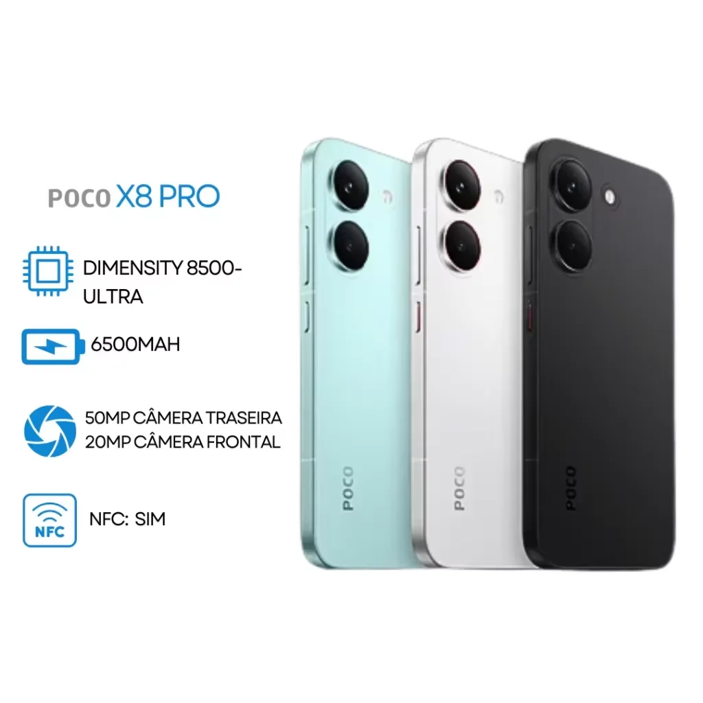 Poco X8 PRO 5G, 512GB/8GB Versão Global, MediaTek Dimensity 8500-Ultra, Bateria 6500mAh, Câmera 50MP