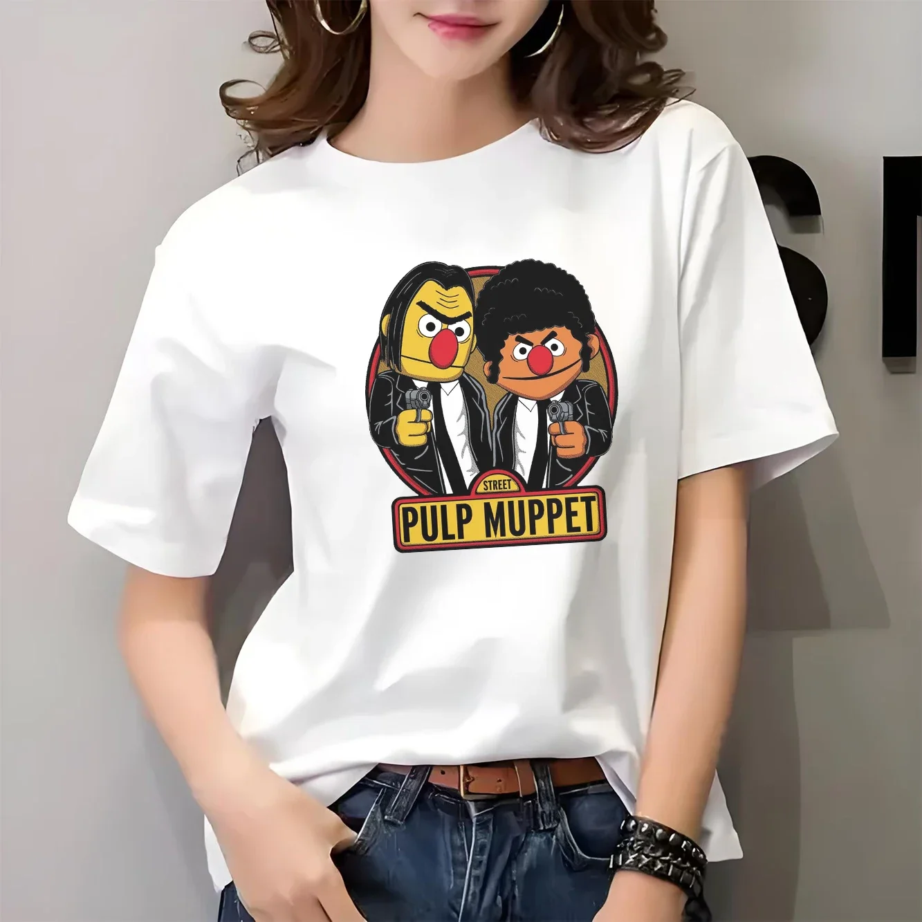 

A stylish and versatile short sleeved round neck women's T-shirt with a unique detective cartoon print